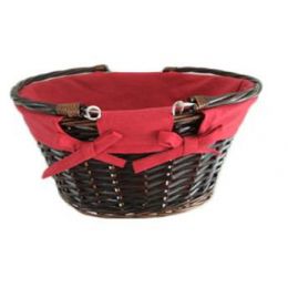 Oval willow basket with red fabric liner & folding handles 16