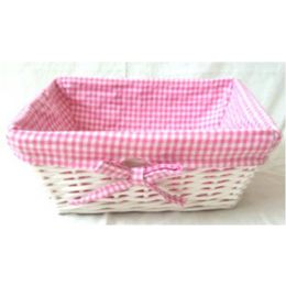 Rectangular white willow basket with pink/white checkered fabric liner