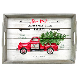 Rectangular rustic white wash tray with Christmas Truck theme & side handles 20