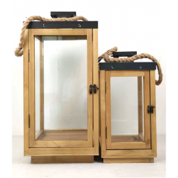 Set o f 2 Vintage wood, glass and iron lanterns with rope handle
Small:8
