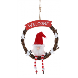 Woven decorated wreath with gnome & Welcome plaque 7