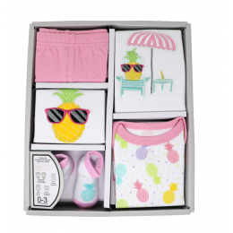 PC PINEAPPLE Cotton Box Set 
Set includes: Two Bodysuits, Pant, Socks and Bib
100% Cotton, 0-3M