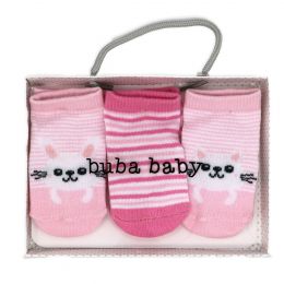 Buba Baby 3-Pair socks in a box - Pink
0-6 Months, 75% Cotton/23% Polyester/ 2% Spandex
Bunny & Cat theme