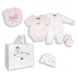 5-Piece Bow theme Set 100% Cotton - PINK 
Set includes: Sleeper, Bodysuit, Hat, Mitts, and Bib packed in an Organza Mesh Bag with a Gift bag Included.