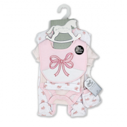 5-Piece Bow theme Set 100% Cotton - PINK 
Set includes: Sleeper, Bodysuit, Hat, Mitts, and Bib packed in an Organza Mesh Bag with a Gift bag Included.
