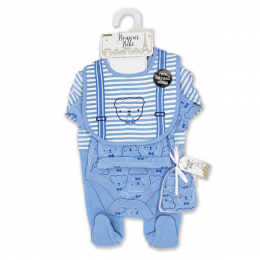5-Piece Bear with Suspenders theme Set 100% Cotton - BLUE 
Set includes: Sleeper, Bodysuit, Hat, Mitts, and Bib packed in an Organza Mesh Bag with a Gift bag Included.