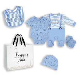 5-Piece Bear with Suspenders theme Set 100% Cotton - BLUE 
Set includes: Sleeper, Bodysuit, Hat, Mitts, and Bib packed in an Organza Mesh Bag with a Gift bag Included.
