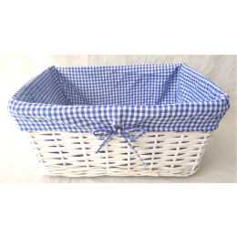Rectangular white willow basket with blue fabric liner 15