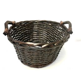 Round stained willow basket with wooden handles 
14