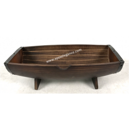 Boat shaped wood container with black metal sides