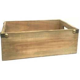 Rectangular wood container with metal trim and side handles 11
