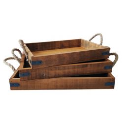 Set of 3 Large Rustic wood trays with metal brackets and jute handles