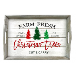 Rectangular rustic white wash tray with Christmas Trees theme & side handles 20