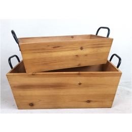 Largest in a Set of 2 Rectangular tapered wood containers with iron handles L: 18”X10”X6”H