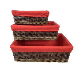 Largest piece in a Set of 3 willow baskets with red fabric liner 17