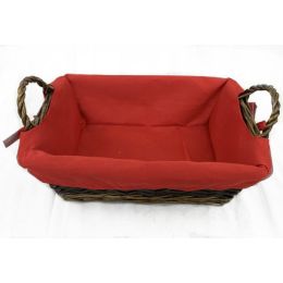 <p>Rectangular willow basket with handles and red fabric liner 12