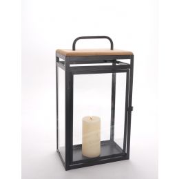 Rectangular Black metal, wood and glass lantern 10.5