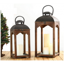 Set of 2 Vintage wood, glass and iron lanterns
Small:8