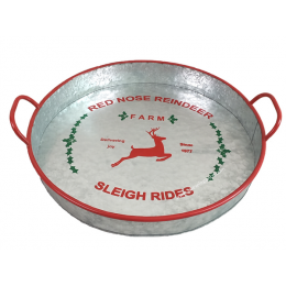 Round Galvanized tray with red trim and handles with reindeer design 16