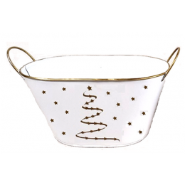 Largest in Set of 2 White Oval metal containers with a Golden tree and stars theme L: 12.5”x6.6”x6”Hx7”OH