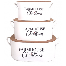 Largest in a Set of 3 metal Farmhouse Christmas containers with lids  L: 14.2”x8”x5.7