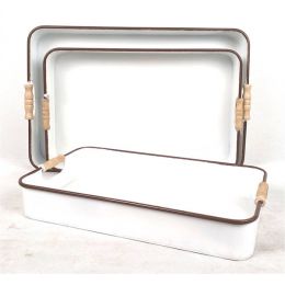 Medium in a Set of 3 White rustic style metal trays with handles M:18”X11”X2.7