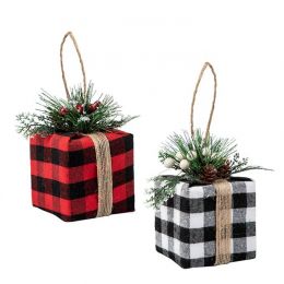 Fabric gift box ornament with jute wrap & Christmas greens - 2 styles 5.2