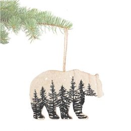 Wood bear ornament with tree print approx 6