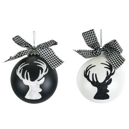 Matte ball ornament, black & white with glitter & bow - 2 styles