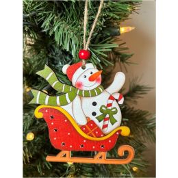 Wood Snowman riding a sleigh ornament 4.2
