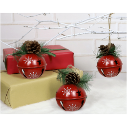 Set of 3 (boxed) metal Jingle Bells with Christmas pine greens (each bell 3.2