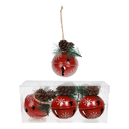 Set of 3 (boxed) metal Jingle Bell ornaments with Christmas pine greens (each bell 3.2