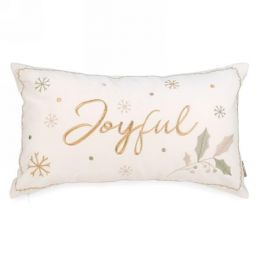 White cushion with a gold embroidered  JOYFUL design 12