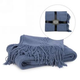Blue knit textured throw with fringe 48