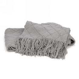 Light grey textured throw with fringe 50
