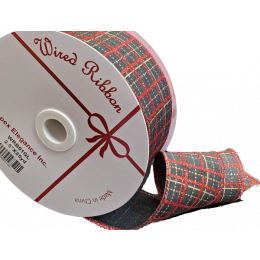 Wired plaid burlap ribbon with red glitter  25 yard/roll - 2.5