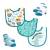 5 Piece Bib and Sock Set:  Happysaurus Rex
Set includes: 3 Bibs & 2 pairs of socks

Bibs: 60% Cotton / 40% Polyester Face with  80% Cotton, 20% Polyester Terry Backing
Socks:  75% Cotton, 23% Nylon, 2% Spandex 
