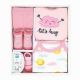 5-PC Cotton Pink set - Let's Hug
Set includes: short sleeve body suit, Pant, Bib & 2 pairs of Socks 
100% Cotton, Socks 75% Cotton, 23% Nylon, 2% Spandex
0-6M