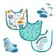 5 Piece Bib and Sock Set:  Happysaurus Rex
Set includes: 3 Bibs & 2 pairs of socks

Bibs: 60% Cotton / 40% Polyester Face with  80% Cotton, 20% Polyester Terry Backing
Socks:  75% Cotton, 23% Nylon, 2% Spandex 
