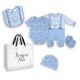 5-Piece Bear with Suspenders theme Set 100% Cotton - BLUE 
Set includes: Sleeper, Bodysuit, Hat, Mitts, and Bib packed in an Organza Mesh Bag with a Gift bag Included.