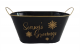 Black Season's Greetings  Oval metal container with gold trim L: 12.5”x6.6”x6”Hx7”OH