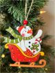 Wood Snowman riding a sleigh ornament 4.2
