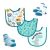 5 Piece Bib and Sock Set:  Happysaurus Rex
Set includes: 3 Bibs & 2 pairs of socks

Bibs: 60% Cotton / 40% Polyester Face with  80% Cotton, 20% Polyester Terry Backing
Socks:  75% Cotton, 23% Nylon, 2% Spandex 
