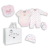 5-Piece Bow theme Set 100% Cotton - PINK 
Set includes: Sleeper, Bodysuit, Hat, Mitts, and Bib packed in an Organza Mesh Bag with a Gift bag Included.