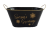 Black Season's Greetings  Oval metal container with gold trim L: 12.5”x6.6”x6”Hx7”OH