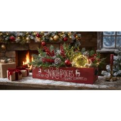 Red long Christmas crate with metal handles - North Pole 19"x6"x4"H
