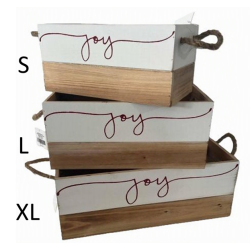 Set of 3 Rustic JOY multicolored crates with jute 
S: 12"x6"x6"H
L: 13.5"x7"x6"H
XL: 16"x8"x6"