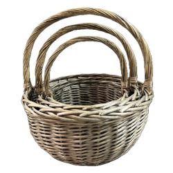 Set of 3 Grey willow round baskets with handles