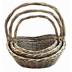 Set of 3 Grey willow oval baskets with front dip & handles
L:20"x16"x8"Hx19"OH
M:18"x14"x7"Hx17"OH
S:15"x12"x6.5"x15"OH
