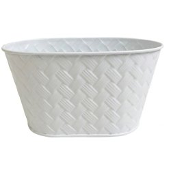 Oval Small white metal container in weave design 9"x6"x5"H